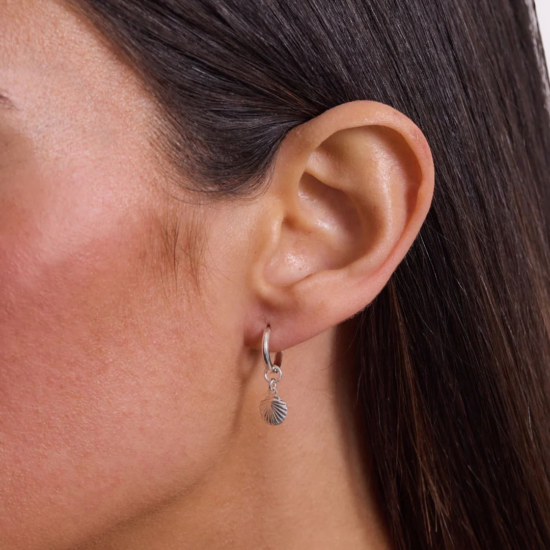 Tiny Shell Mini Hoop Earrings - Silver - Image 2